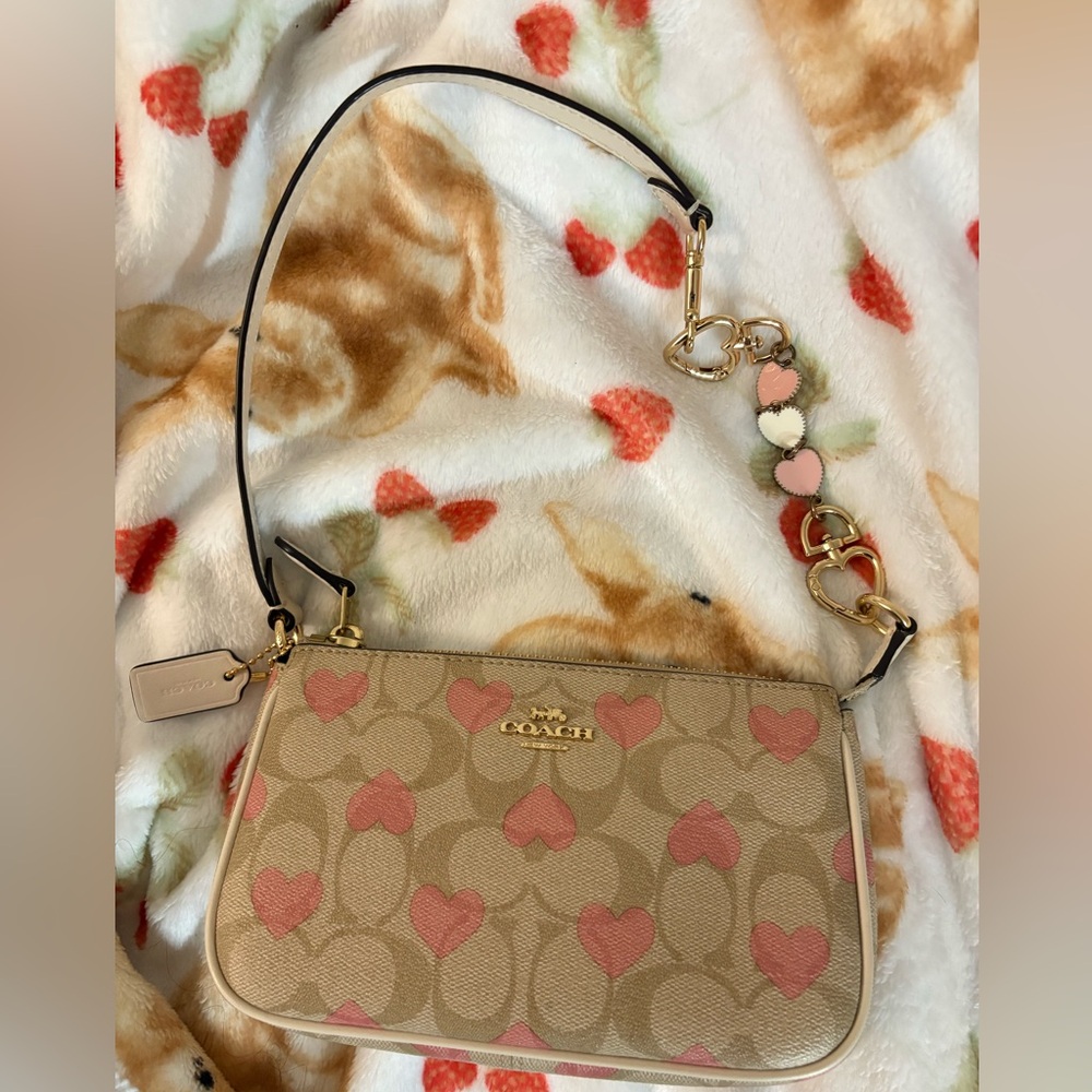 Coach Heart Pattern Shoulder Bag in Tan and Pink